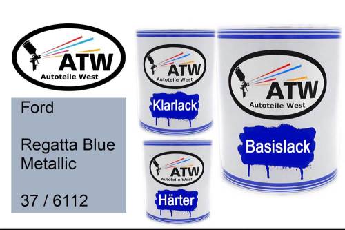 Ford, Regatta Blue Metallic, 37 / 6112: 1L Lackdose + 1L Klarlack + 500ml Härter - Set, von ATW Autoteile West.